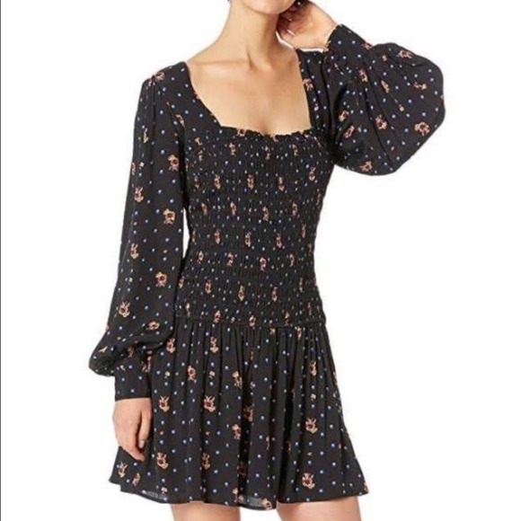 Free People Two Faces Smocked Mini Dress Womens XS Black Dark Floral Boho‎ NWT - Picture 1 of 16